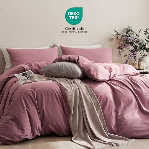 100% Washed Cotton Queen Duvet Cover Set - 3 Piece Linen-Like Bedding
