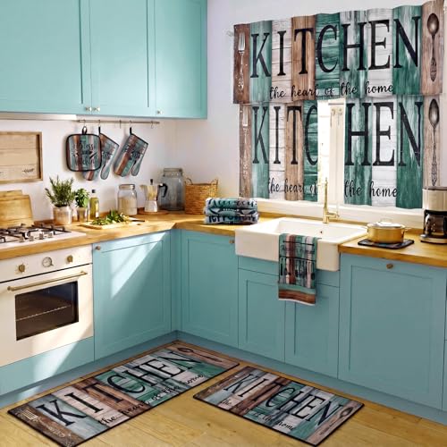 12-Piece Farmhouse Kitchen Decor Set, Teal Kitchen Linens, Rugs, and Curtains