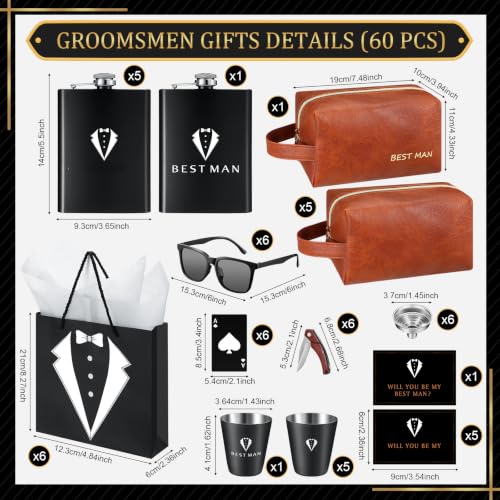Rigibright Brown Groomsmen Gift Set of 6 Wedding Accessories with Flasks & More