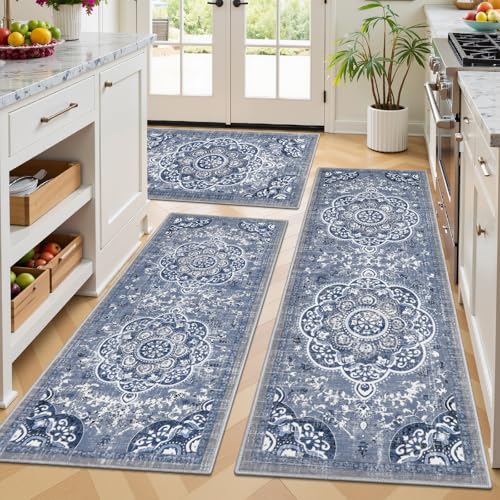 3-Piece Washable Kitchen Rug Set, Non-Slip Farmhouse Floor Mats for Kitchen