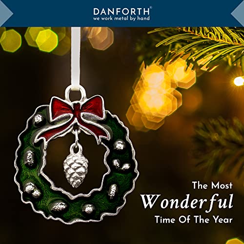 DANFORTH Green Christmas Wreath Ornament - Handcrafted Pewter Holiday Decor, Red Bow, Pine Cones - USA Made
