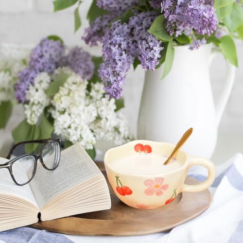 XinHuiGY Pink Flower Handmade Ceramic Coffee Mug with Spoon 8oz – Cute Kawaii Tea Cup for Women, Mothers Day Gift