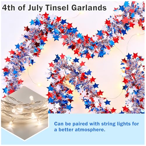 Patriotic Red White Blue Star Tinsel Garland - 33ft Metallic Party Decor