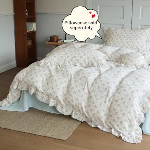 Blue Floral Ruffled Duvet Cover Full Size, Soft Muslin Cotton