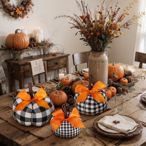 3-Piece Fabric Pumpkin Decor Set - Buffalo Plaid Farmhouse Fall Centerpiece