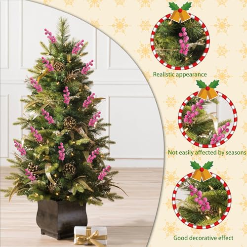 24pcs Christmas Artificial Berry Stems Snow Sprays Holly Berry Stems for Christmas Tree Decoration Holiday Crafts Xmas Ornaments and Home Decor (Pink)