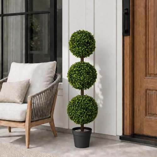3ft Artificial Boxwood 3-Ball Topiary Tree, UV Resistant Faux Plant