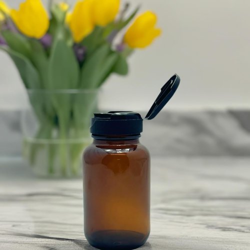 JUVITUS 4 oz Amber Glass Packer Bottle with Black Flip Top Cap (12 pack) + Labels