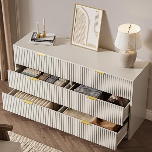 6-Drawer Fluted Wood Dresser, 55-inch Wide Modern Storage Chest in Beige