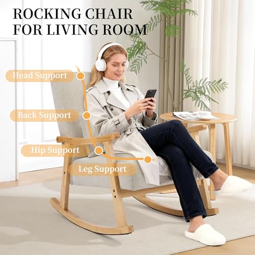 Mid-Century Modern Upholstered Rocking Chair with Lumbar Pillow, Light Gray