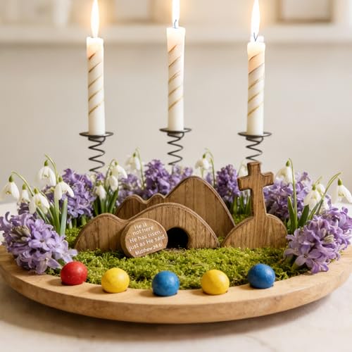 Wooden Empty Tomb Easter Decor - Religious Resurrection Scene Set with Cross