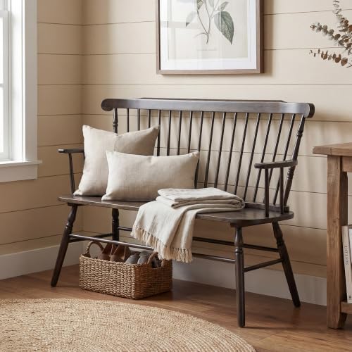 Rustic Solid Wood Farmhouse Dining Bench with Spindle Back and Armrest