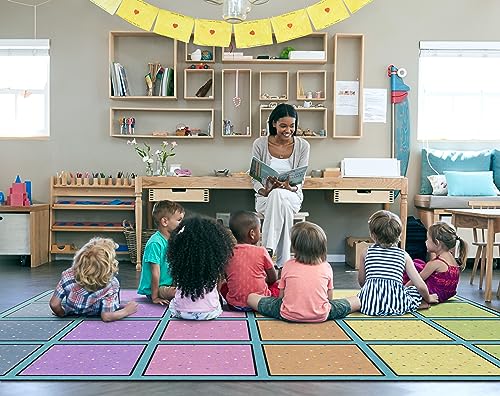 Happy Squares Educational Kids Area Rug, 7'6" x 12' Classroom Seating