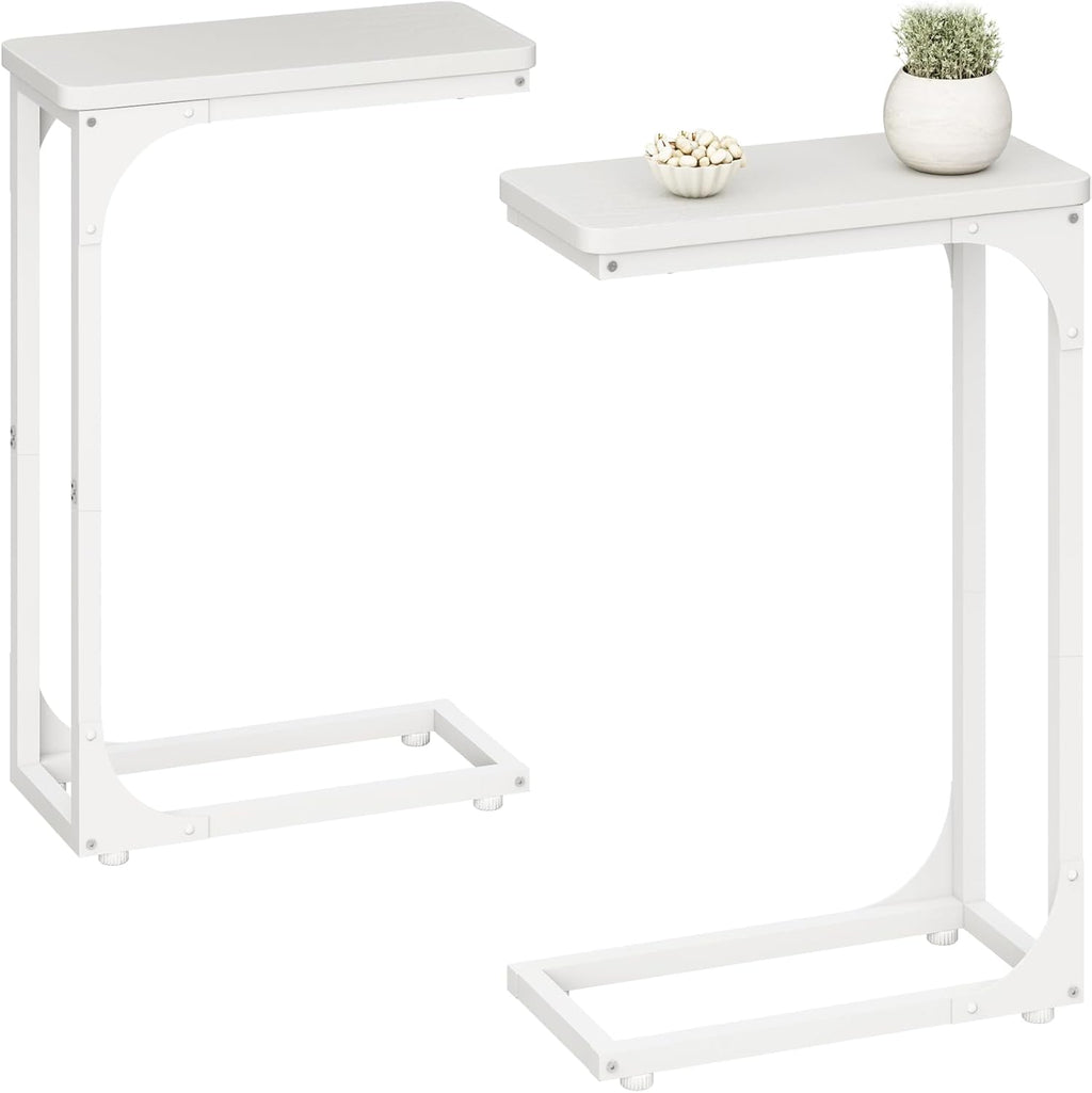 QEEIG Narrow C Shaped Side Table Set of 2 - Modern Slim Couch Tray Tables | White, 7-Inch Width