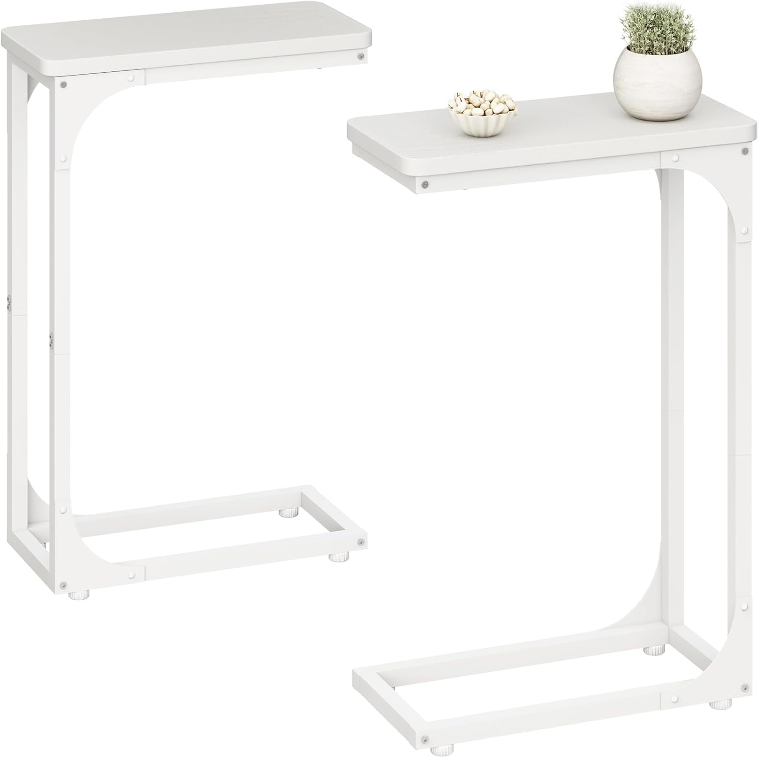 QEEIG Narrow C Shaped Side Table Set of 2 - Modern Slim Couch Tray Tables | White, 7-Inch Width