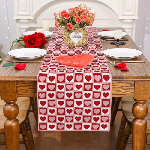 Valentine's Table Runner 13x72 Inch - Red & Heart Motifs, Durable Polyester, Easy Care - Siilues