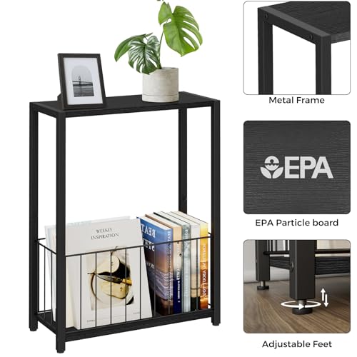 Homleke Narrow Black Side Table with Magazine Holder - Rustic End Table