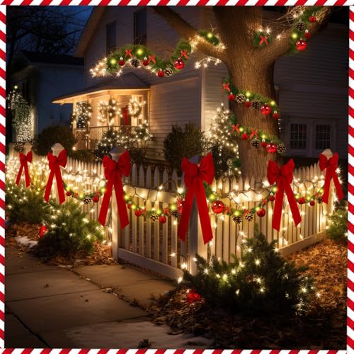 100 ft Christmas Garland with Lights and Red Bows for Fence Decor