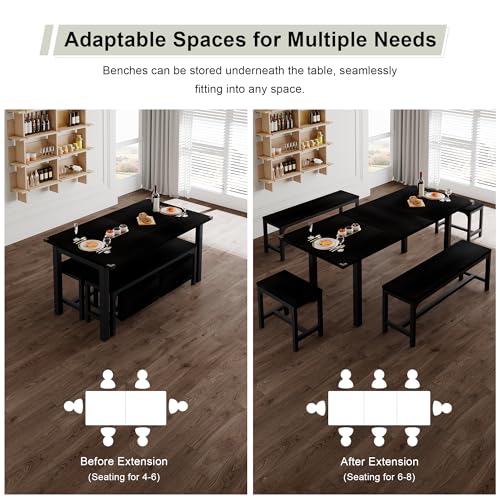 5-Piece Extendable Dining Table Set for 4-8, 63" Table with Benches