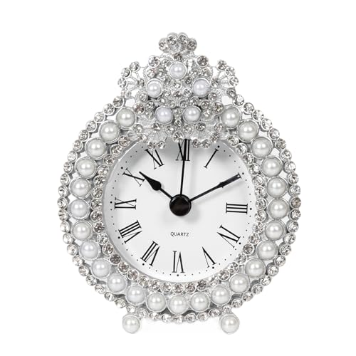 Vintage Metal Tabletop Clock with Rhinestones - Silent Battery Operated