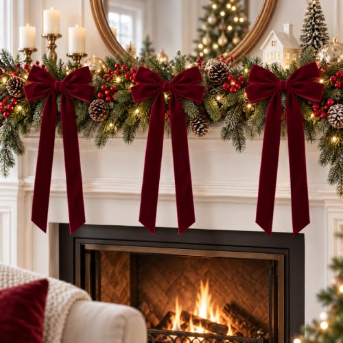 Milimot Burgundy Velvet Bows for Christmas Tree 8 x 20 in - 8 Pcs with 1.5 in Ribbon