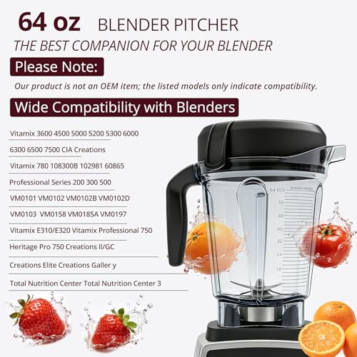 64oz Low-Profile Blender Pitcher Container, BPA-Free Replacement Jar