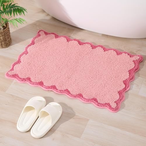 ORTIGIA Pink Scalloped Bath Mat, 17x24 Microfiber Non-Slip Rug