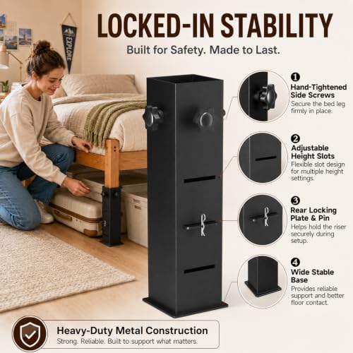 Heavy Duty Bed Risers for Under-Bed Storage, Adjustable Heights