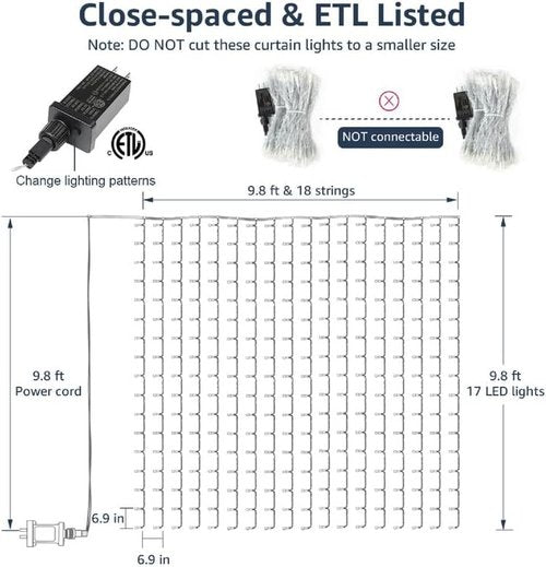 Lighting EVER LED Curtain Lights - 18 Hang Down String Lights, 10x10 ft Twinkle Fairy Lights for Bedroom & Wedding Decor