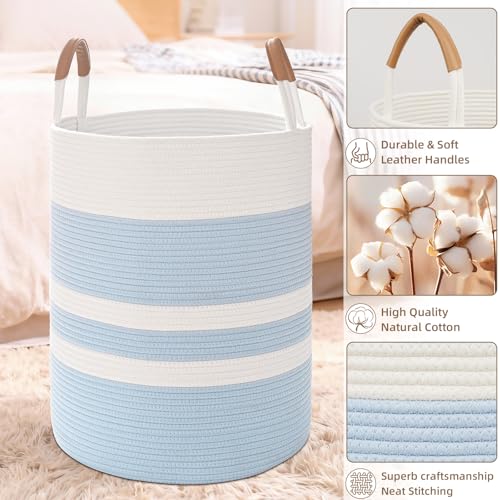 Large 60L Woven Cotton Rope Laundry Hamper with Sturdy Leather Handles