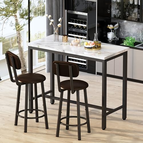 3-Piece Faux Marble Pub Table Set with 2 Backrest Stools for Small Spaces