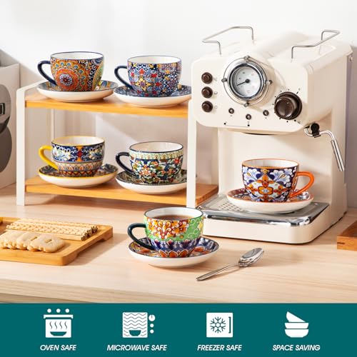 Vancasso 8oz Porcelain Cappuccino Cups & Saucers Set of 6 - Bohemian Design, Dishwasher & Microwave Safe