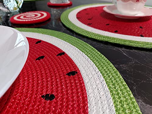 Zupro Round Watermelon Placemats Set of 4 - 15 inch Braided Indoor/Outdoor