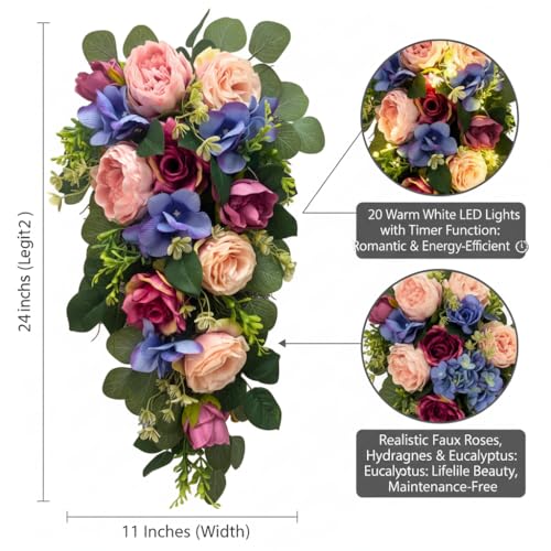 24-Inch Pre-Lit Floral Teardrop Swag with Peonies, Roses and LED Lights