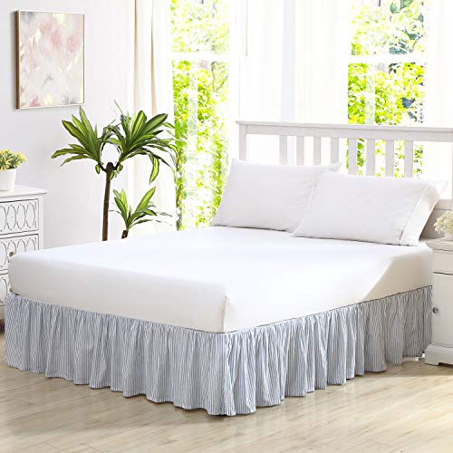 Queen Bedskirt 100% Cotton with 14.5" Drop - Classic Ticking Blue Stripe