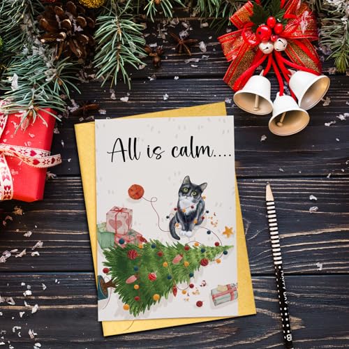 Oamiolek Funny Cat Christmas Card - Holiday Greeting for Cat Lovers, All Is Calm All Is Bright - Cat Variation