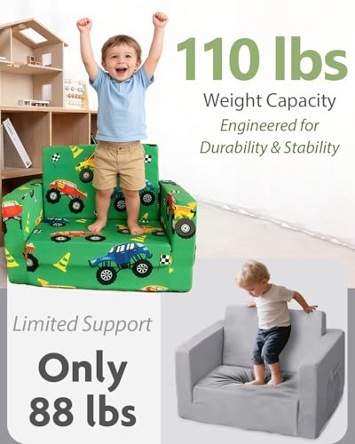 2-in-1 Foldable Toddler Couch and Lounger - Monster Truck Print
