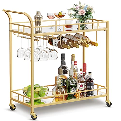 2-Tier Rolling Bar Cart with Mirrored Shelves, Wine and Glass Holders