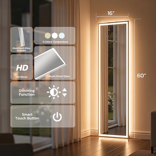 60"x16" LED Full Length Floor Mirror, Dimmable 3-Color Lighted Dressing Mirror