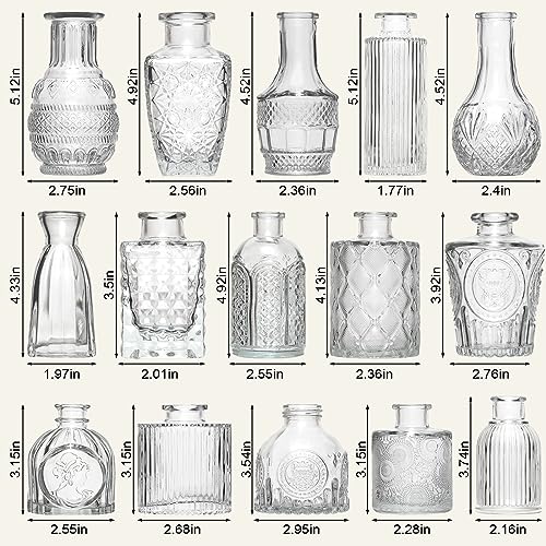 Clear Glass Bud Vases Set of 16 - Vintage Mini Vases for Table Centerpieces