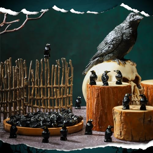 50 Pcs Halloween Miniature Crow Figurines - Black Resin Tiny Raven Decor
