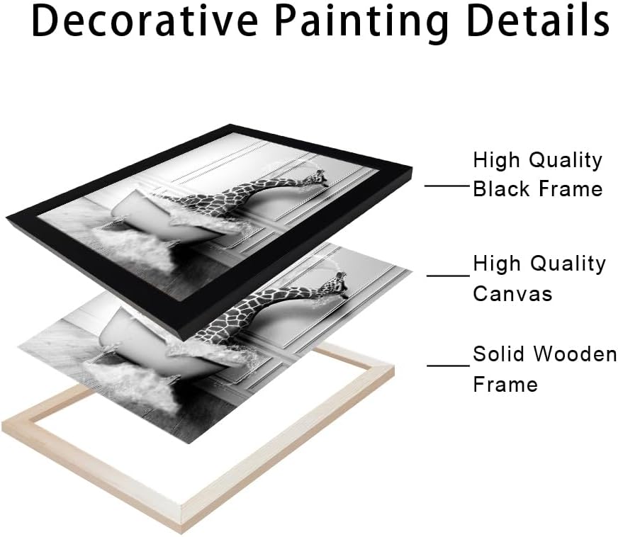 Skiennix Black and White Giraffe in Bathtub Canvas Print - Funny Animal Wall Art for Kids' Bathroom Decor