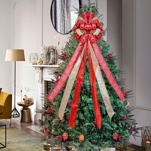 Large Red Christmas Tree Topper Bow - 45x12 Inch Wired Holiday Wreath Bow
