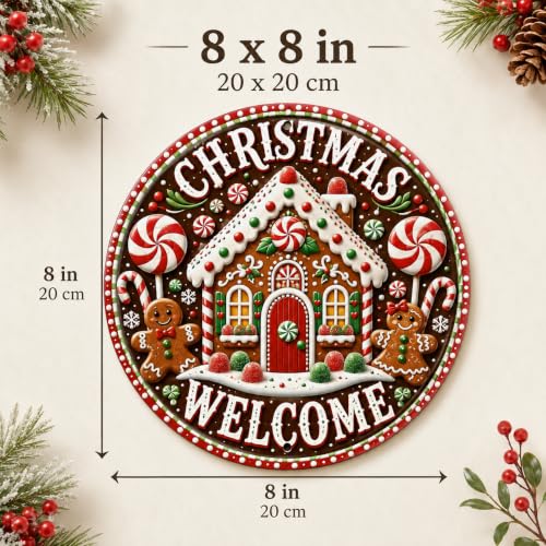 Christmas Welcome Gingerbread Metal Sign 8x8 Inch Round Holiday Decor - Brown, Red, White & Green