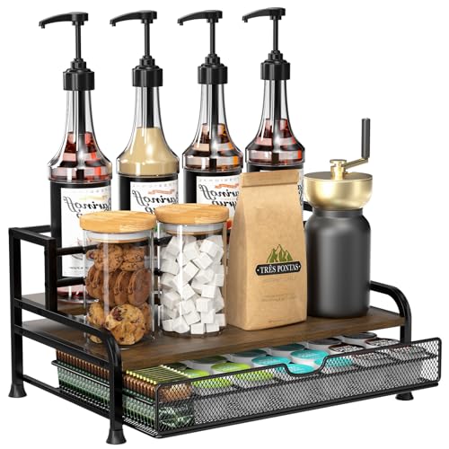 3-Tier Coffee Syrup Organizer with Pod Drawer - Metal & Wood Countertop Stand