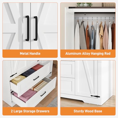 Farmhouse Wooden Wardrobe Armoire with 3 Doors and 2 Drawers, 70.1-Inch