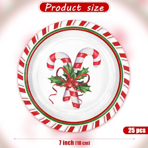 WRAPAHOLIC Christmas Candy Cane Paper Plates 7 Inch - 25 Pack Disposable Holiday Tableware
