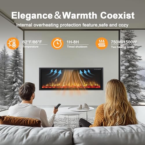 60-Inch Electric Fireplace Wall Mounted & Recessed with Heater and Remote