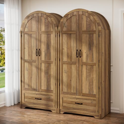 71" Arched Wooden Wardrobe Armoire with Mirror, Drawers, and Hanging Rod
