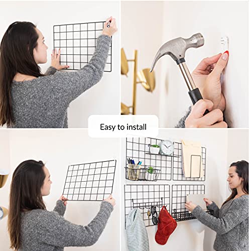 2-Pack Metal Wire Wall Grid Panels with Hanging Basket, Shelf and Hooks
